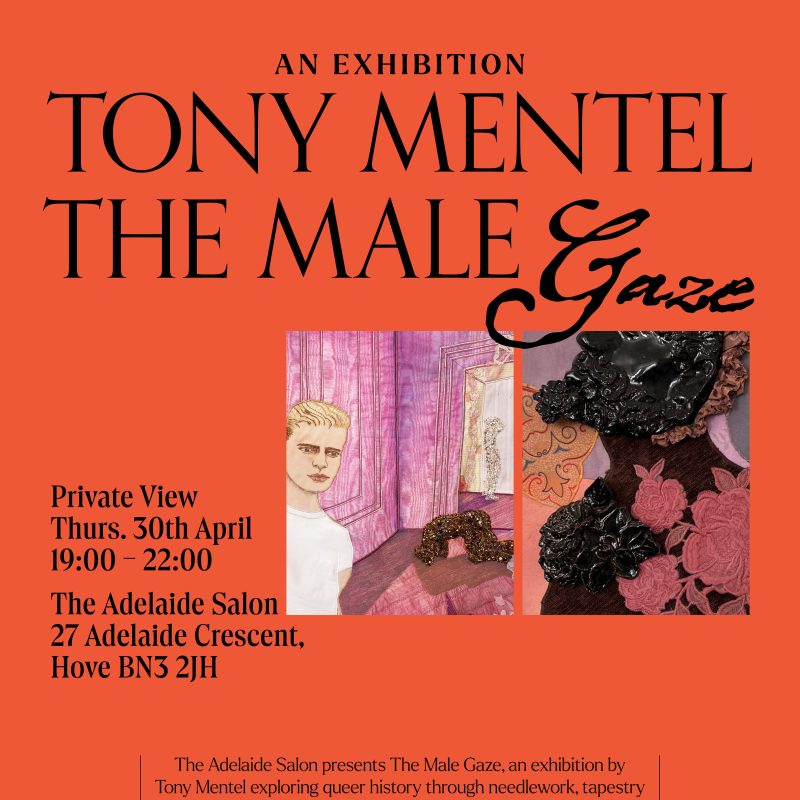 The Adelaide Salon poster inviting for exhibition and private view on the 30th of April 7-10pm two pictures one with embroidered male and other with detail of embroidery made by artist Tony Mentel