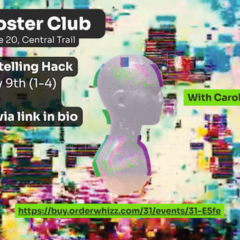 Poster for “The Imposter Club – Artist Open House 20, Central Trail”. Digital storytelling workshop graphic featuring a glitchy, pixelated background with a mannequin-like head, overlaid with event details, QR code, and booking link.