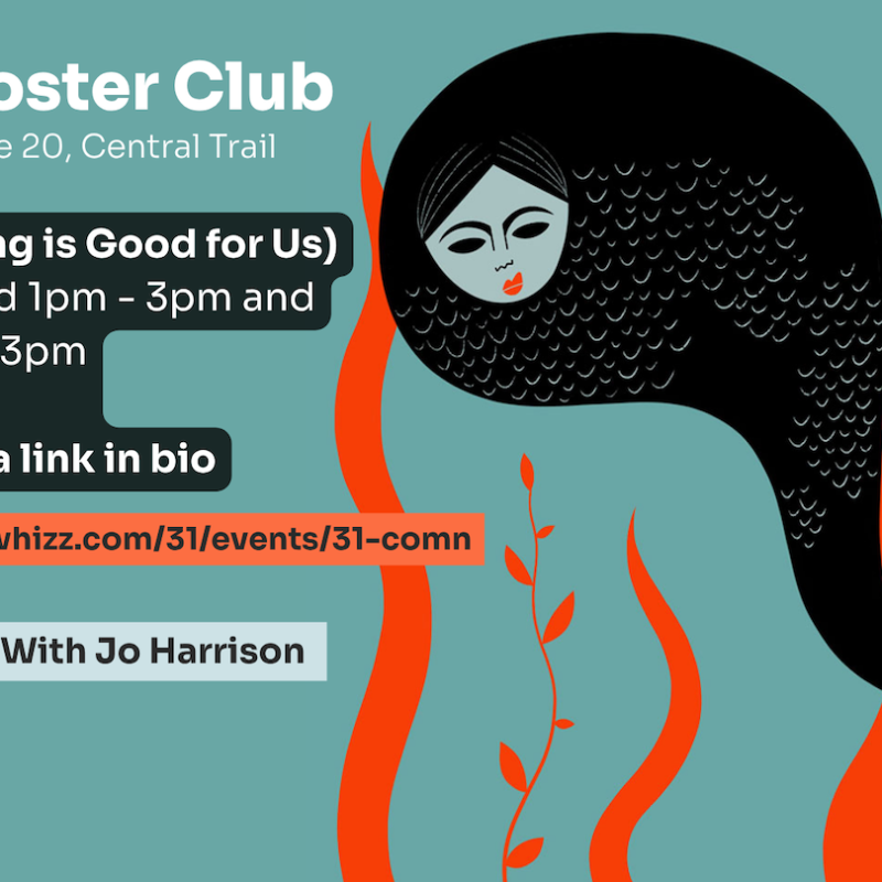 Poster for “The Imposter Club – Artist Open House 20, Central Trail”. Illustration of a mermaid with long black hair among red seaweed on a teal background, with workshop details, QR code, and booking link.