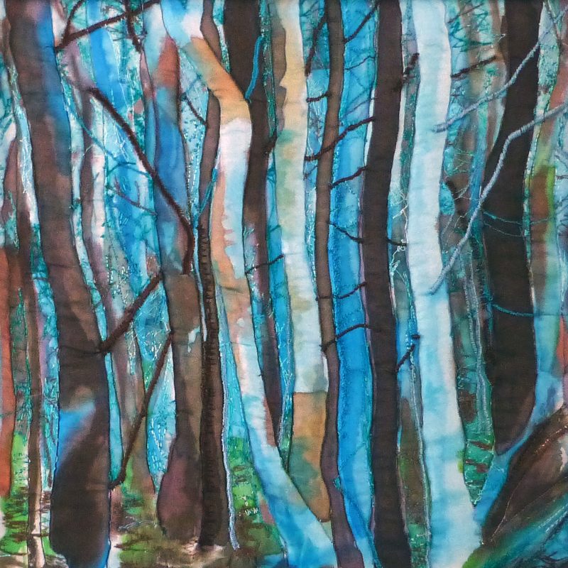 A woodland scene mostly of tree trunks in various sizes depicted in shades of a warm blue with detail and shadows in brown painted on silk with raised quilted areas giving a 3D effect and embroidered details