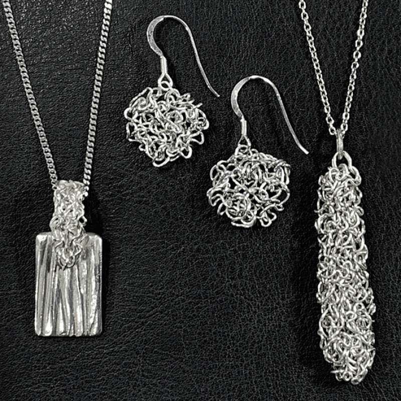 Uniquely hand textured and hand crochet silver jewellery
