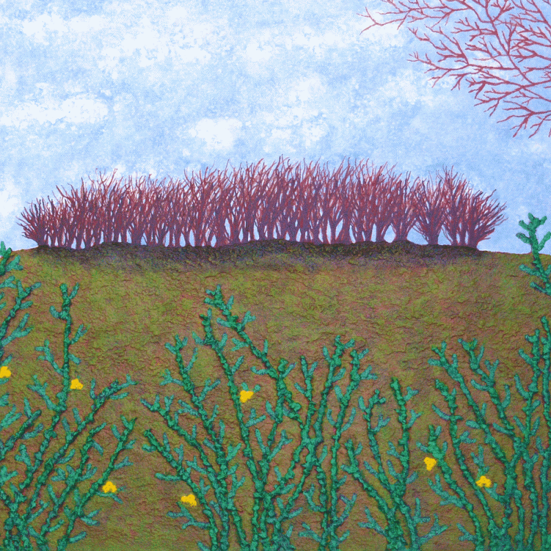 Textural colourful painting and collage of the copse of trees atop Devils Dyke