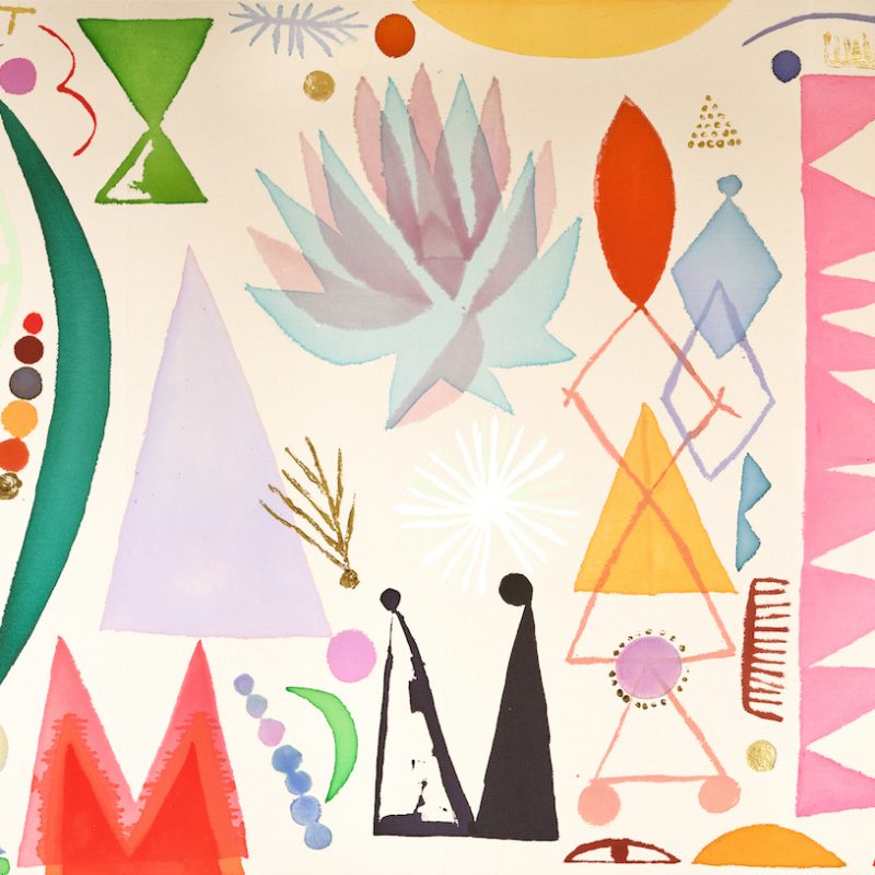 Colourful Motifs of flowers, leaves and abstract shapes on canvas colour back dround with gold highlights