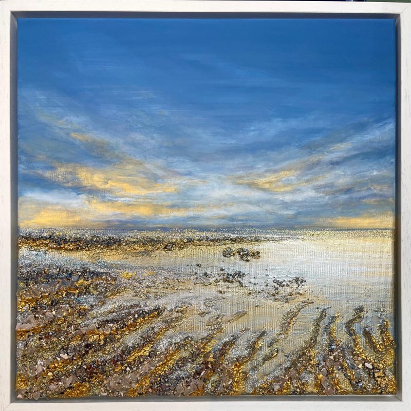 Describe image for visually impaired: A square mixed media sunset seascape infused with gemstones. 