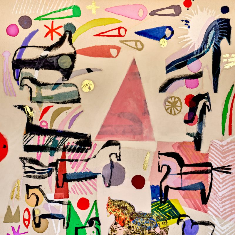 Painting of ancient horse statues in a graphic style using brightly coloured abstract motifs as a backdrop on a off white canvas back ground.