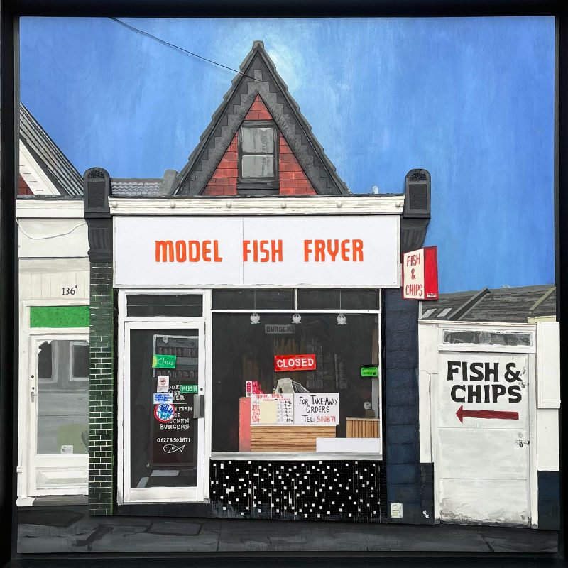  an acrylic painting built out in relief of a fish and chip shop