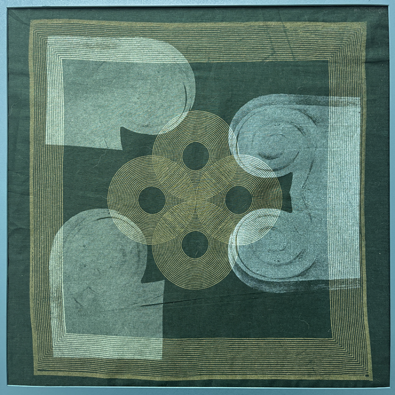 Geometric symbols on a rich green background.