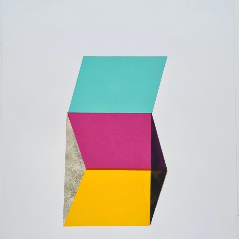 An abstract colourful arrangement of parallelograms.