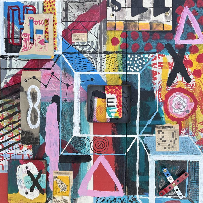 A collage of colourful images and print forms.