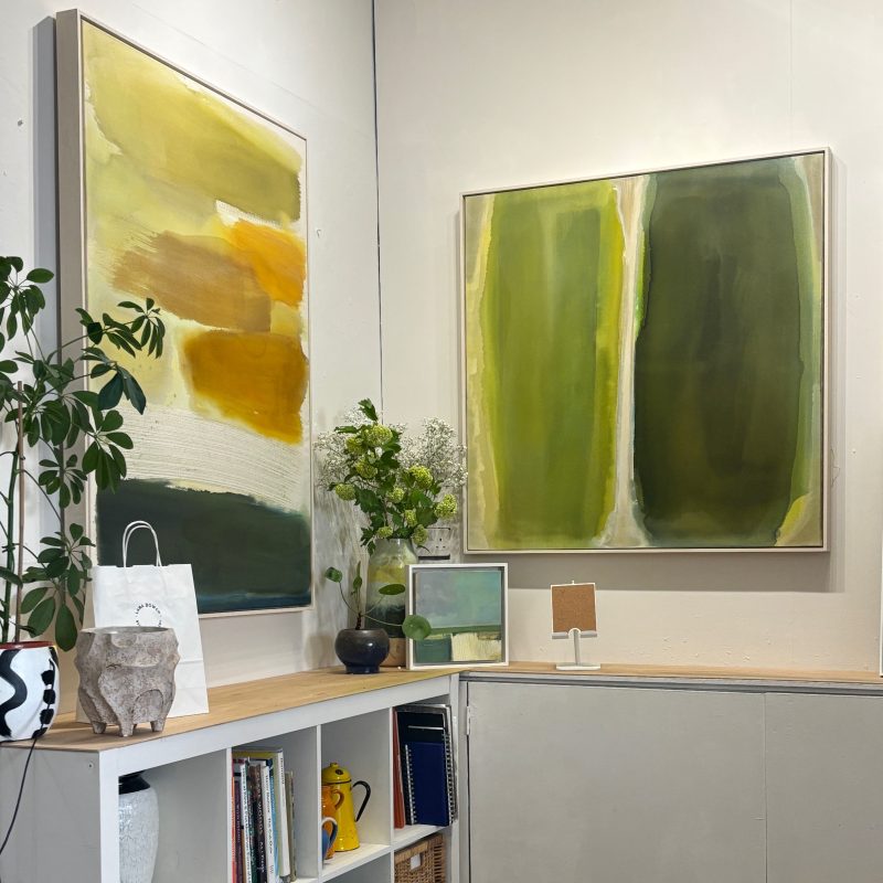 two abstract paintings in the studio 